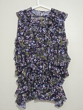 Isabel Marant Étoile Floral Ruffle Mini Dress Navy Pink Blue Floral Size EU 36